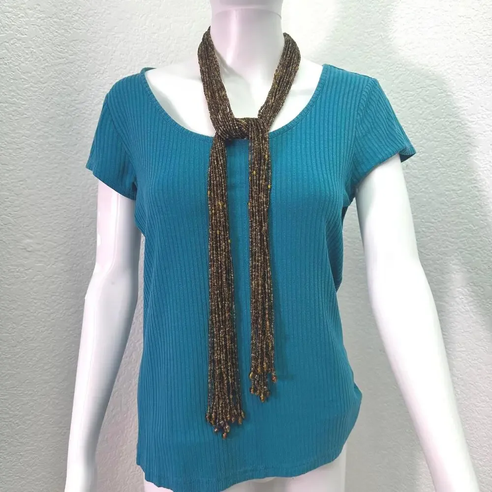 VTG 50” Multi Strand Brown Amber Glass Bead Tassel Necklace Boho
